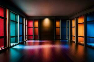 une pièce avec beaucoup coloré les fenêtres et une en bois sol. généré par ai photo
