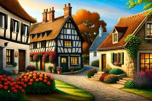 une La peinture de une village rue avec fleurs et Maisons. généré par ai photo