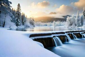 une rivière dans le neige. généré par ai photo