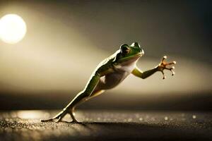 une grenouille sauter sur le sol avec ses jambes diffuser. généré par ai photo