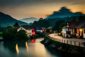 photo fond d'écran le ciel, eau, montagnes, Maisons, rivière, coucher de soleil, le village, le. généré par ai