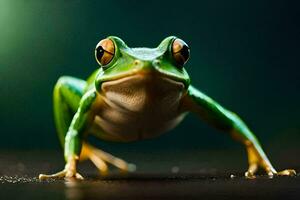 une grenouille avec gros yeux et une vert Contexte. généré par ai photo