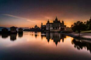 une magnifique le coucher du soleil plus de une Lac avec une Château dans le Contexte. généré par ai photo