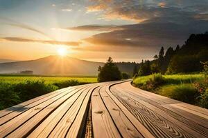 une en bois chemin pistes à une le coucher du soleil dans le distance. généré par ai photo