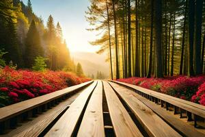 en bois passerelle dans le forêt avec Soleil brillant à travers. généré par ai photo