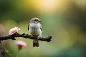 une petit oiseau est assis sur une branche avec rose fleurs. généré par ai photo