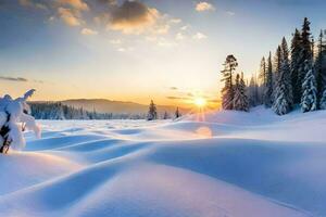 neige couvert des arbres et le Soleil réglage plus de une neigeux champ. généré par ai photo