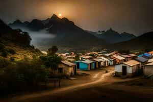 une village dans le montagnes avec une Soleil réglage derrière il. généré par ai photo