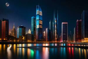 ville lumières réfléchi dans le l'eau à nuit. généré par ai photo