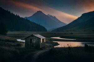 une petit cabane est assis dans le milieu de une champ avec montagnes dans le Contexte. généré par ai photo