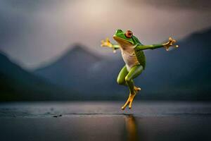 une grenouille sauter dans le air avec ses jambes diffuser. généré par ai photo