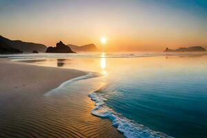 le Soleil monte plus de le océan et vagues sur une plage. généré par ai photo