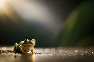 une grenouille séance sur le sol avec le Soleil brillant. généré par ai photo