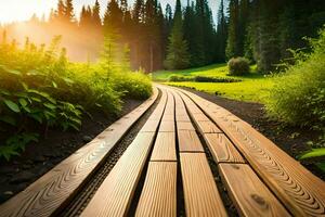 en bois chemin dans le forêt à le coucher du soleil. généré par ai photo