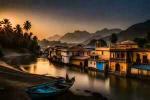 une bateau est assis sur le banque de une rivière à le coucher du soleil. généré par ai photo