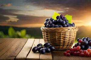 les raisins dans une panier sur une en bois tableau. généré par ai photo