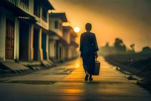 une femme en marchant vers le bas une rue avec une valise. généré par ai photo