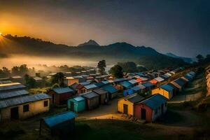 le Soleil monte plus de une village dans le montagnes. généré par ai photo