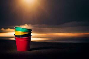 une empiler de coloré seaux sur le plage. généré par ai photo