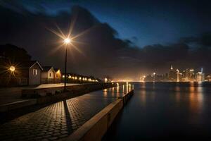 une ville horizon à nuit avec lumières sur le l'eau. généré par ai photo