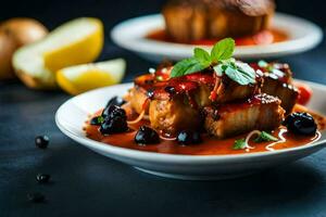 une assiette de nourriture avec Viande et sauce. généré par ai photo