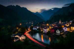 une ville dans le montagnes à nuit avec lumières sur le route. généré par ai photo