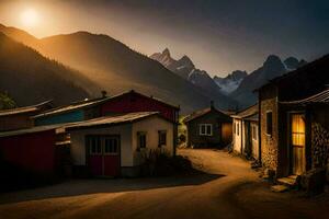 une village dans le montagnes à le coucher du soleil. généré par ai photo