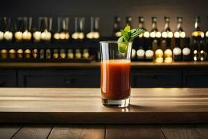 une verre de du sang Orange jus sur une en bois tableau. généré par ai photo