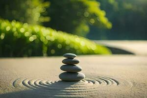 Zen rochers dans le sable. généré par ai photo