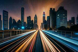 une ville à nuit avec lumières sur le route. généré par ai photo