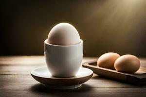 des œufs dans une tasse sur une en bois tableau. généré par ai photo