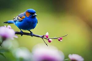 une bleu oiseau est assis sur une branche avec rose fleurs. généré par ai photo