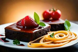 Chocolat lutin avec des fraises et Chocolat sauce. généré par ai photo