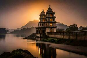 une magnifique temple est assis sur le rive de une lac. généré par ai photo