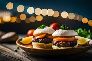 deux mini des hamburgers sur une assiette avec une verre de du vin. généré par ai photo