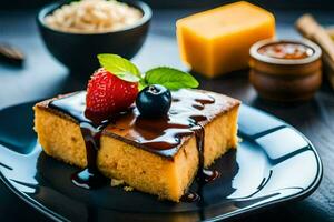 une tranche de gâteau avec baies et fromage sur une plaque. généré par ai photo