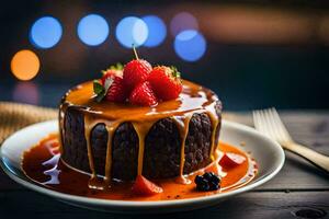 une Chocolat gâteau avec des fraises et sirop sur une plaque. généré par ai photo