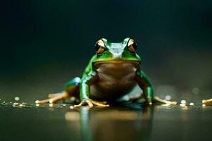 une grenouille séance sur une humide surface. généré par ai photo