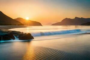 le Soleil ensembles plus de une plage avec vagues et montagnes. généré par ai photo