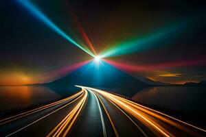 une longue exposition photo de une route avec lumière les sentiers. généré par ai