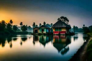 une maison sur le l'eau à le coucher du soleil avec une réflexion de le Soleil. généré par ai photo