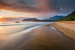 le Soleil ensembles plus de une plage et montagnes. généré par ai photo