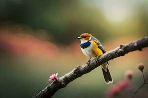 une oiseau séance sur une branche avec rose fleurs. généré par ai photo