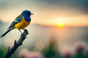 une bleu et Jaune oiseau est assis sur une branche dans de face de le Soleil. généré par ai photo