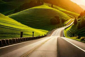 une route dans le montagnes avec vert herbe. généré par ai photo