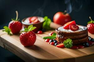 une dessert avec des fraises et crème sur une en bois Coupe planche. généré par ai photo