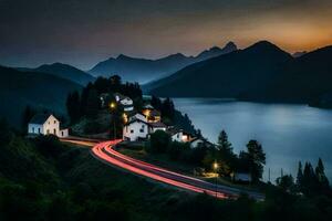 une route enroulement par une village à le coucher du soleil. généré par ai photo