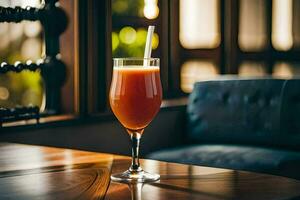 une verre de Orange jus séance sur une tableau. généré par ai photo