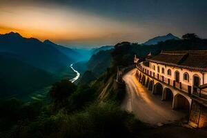 photo fond d'écran le ciel, montagnes, le route, le pont, le coucher de soleil, le montagnes,. généré par ai