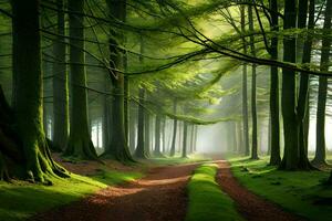 une chemin par une forêt avec des arbres et herbe. généré par ai photo